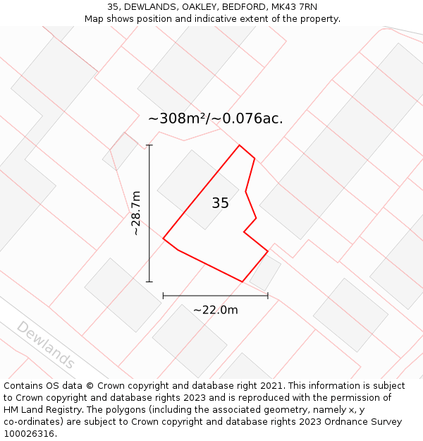 35, DEWLANDS, OAKLEY, BEDFORD, MK43 7RN: Plot and title map