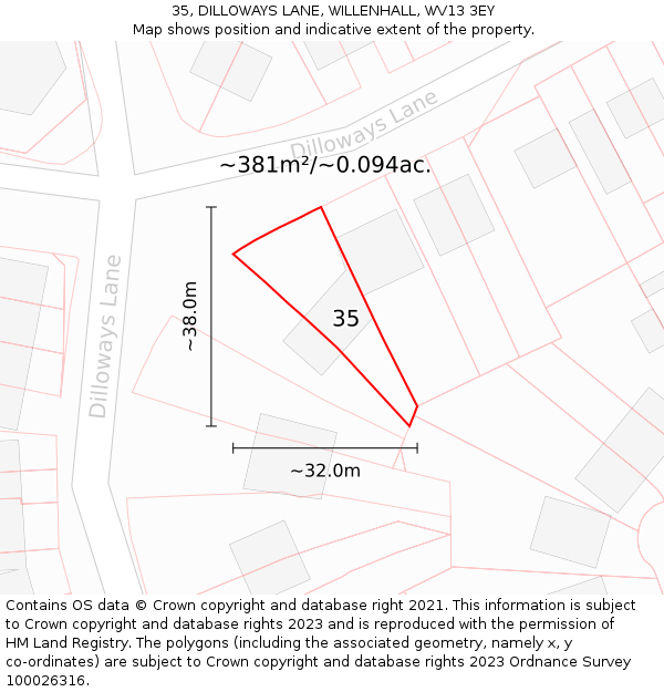 35, DILLOWAYS LANE, WILLENHALL, WV13 3EY: Plot and title map