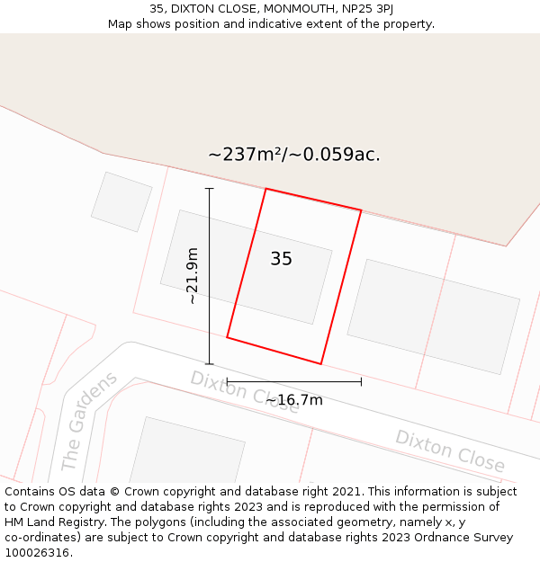 35, DIXTON CLOSE, MONMOUTH, NP25 3PJ: Plot and title map