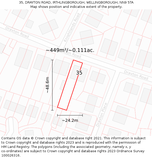 35, DRAYTON ROAD, IRTHLINGBOROUGH, WELLINGBOROUGH, NN9 5TA: Plot and title map