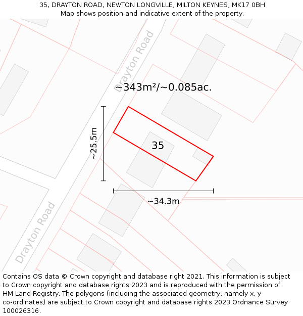 35, DRAYTON ROAD, NEWTON LONGVILLE, MILTON KEYNES, MK17 0BH: Plot and title map