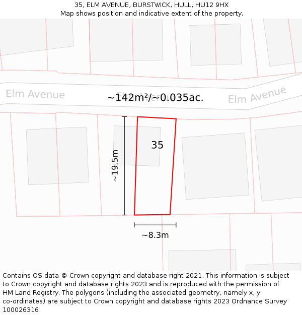 35, ELM AVENUE, BURSTWICK, HULL, HU12 9HX: Plot and title map