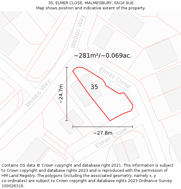 35, ELMER CLOSE, MALMESBURY, SN16 9UE: Plot and title map