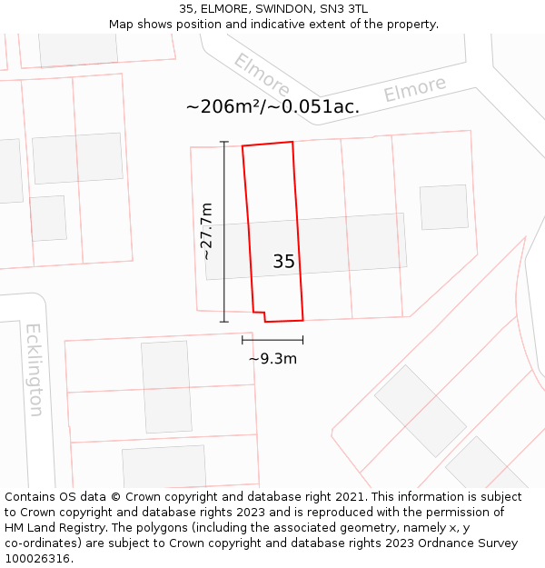 35, ELMORE, SWINDON, SN3 3TL: Plot and title map