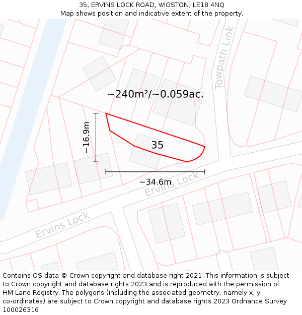 35, ERVINS LOCK ROAD, WIGSTON, LE18 4NQ: Plot and title map
