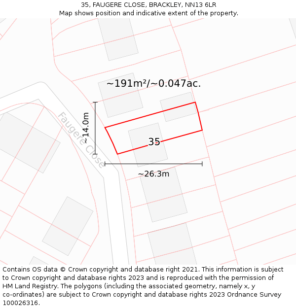 35, FAUGERE CLOSE, BRACKLEY, NN13 6LR: Plot and title map