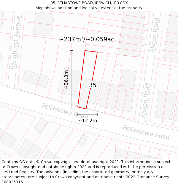 35, FELIXSTOWE ROAD, IPSWICH, IP3 8DX: Plot and title map