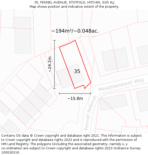 35, FENNEL AVENUE, STOTFOLD, HITCHIN, SG5 4LJ: Plot and title map