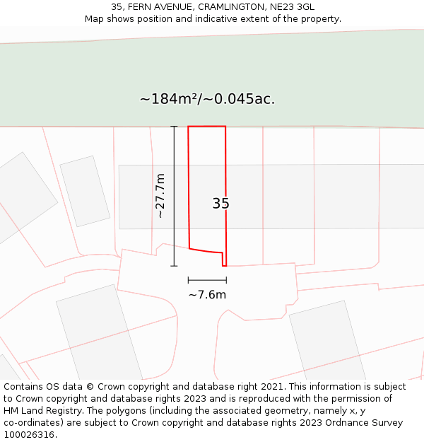 35, FERN AVENUE, CRAMLINGTON, NE23 3GL: Plot and title map