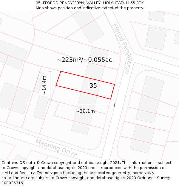 35, FFORDD PENDYFFRYN, VALLEY, HOLYHEAD, LL65 3DY: Plot and title map