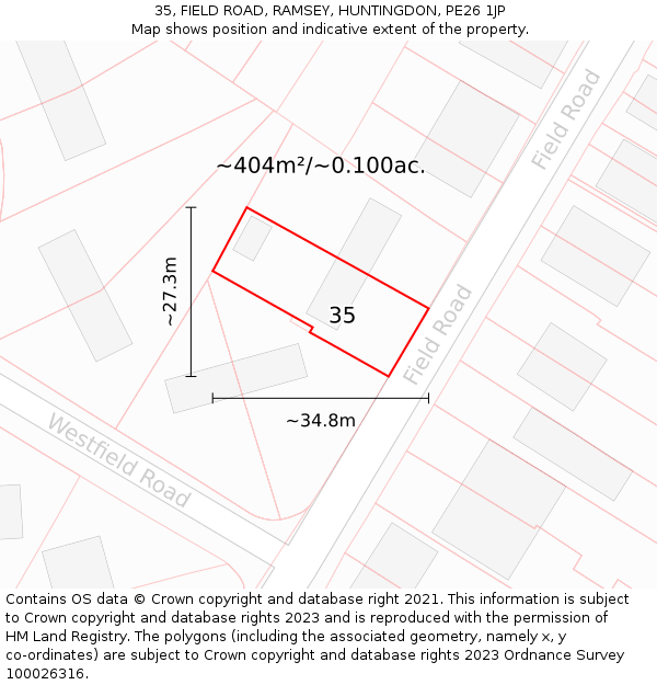 35, FIELD ROAD, RAMSEY, HUNTINGDON, PE26 1JP: Plot and title map