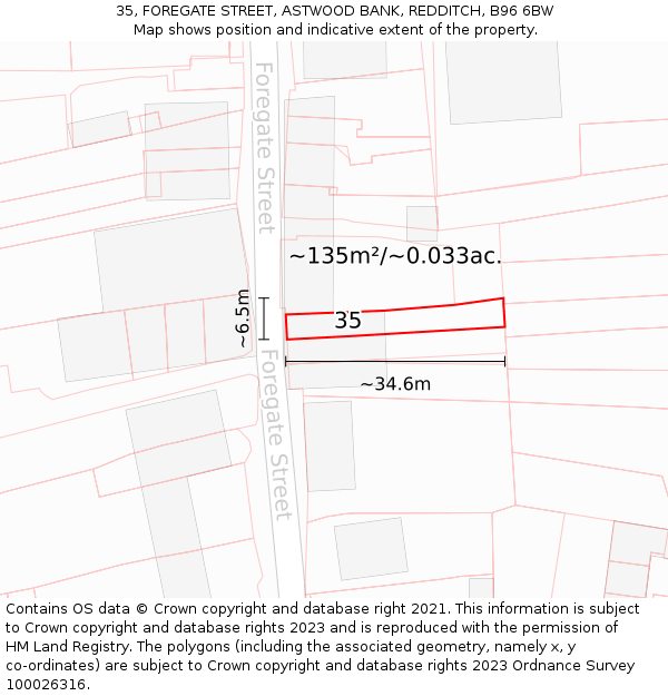 35, FOREGATE STREET, ASTWOOD BANK, REDDITCH, B96 6BW: Plot and title map