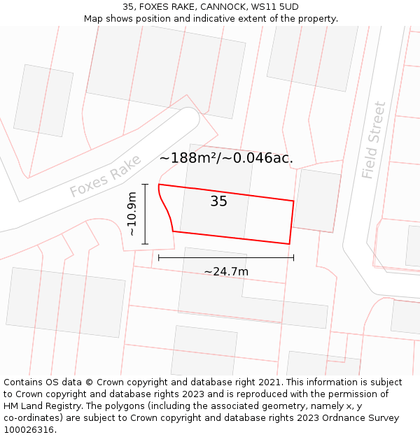 35, FOXES RAKE, CANNOCK, WS11 5UD: Plot and title map