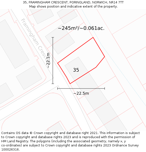 35, FRAMINGHAM CRESCENT, PORINGLAND, NORWICH, NR14 7TT: Plot and title map