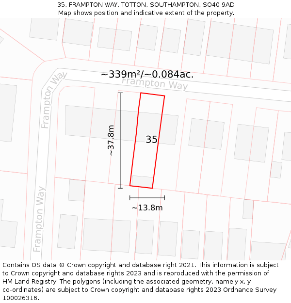 35, FRAMPTON WAY, TOTTON, SOUTHAMPTON, SO40 9AD: Plot and title map