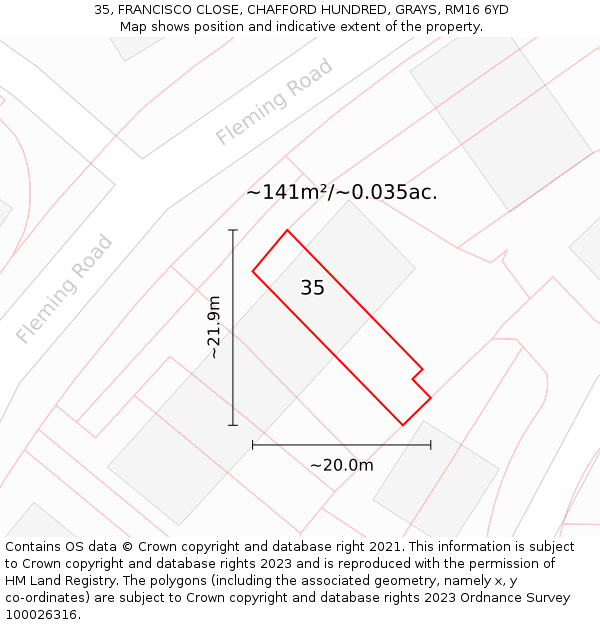 35, FRANCISCO CLOSE, CHAFFORD HUNDRED, GRAYS, RM16 6YD: Plot and title map