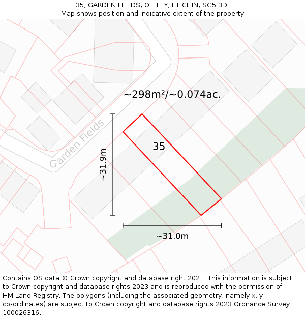 35, GARDEN FIELDS, OFFLEY, HITCHIN, SG5 3DF: Plot and title map