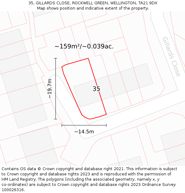 35, GILLARDS CLOSE, ROCKWELL GREEN, WELLINGTON, TA21 9DX: Plot and title map