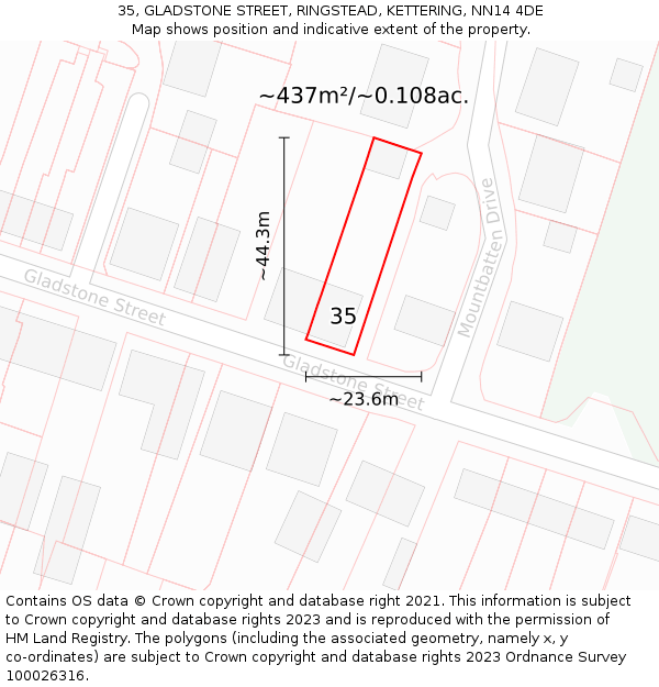 35, GLADSTONE STREET, RINGSTEAD, KETTERING, NN14 4DE: Plot and title map