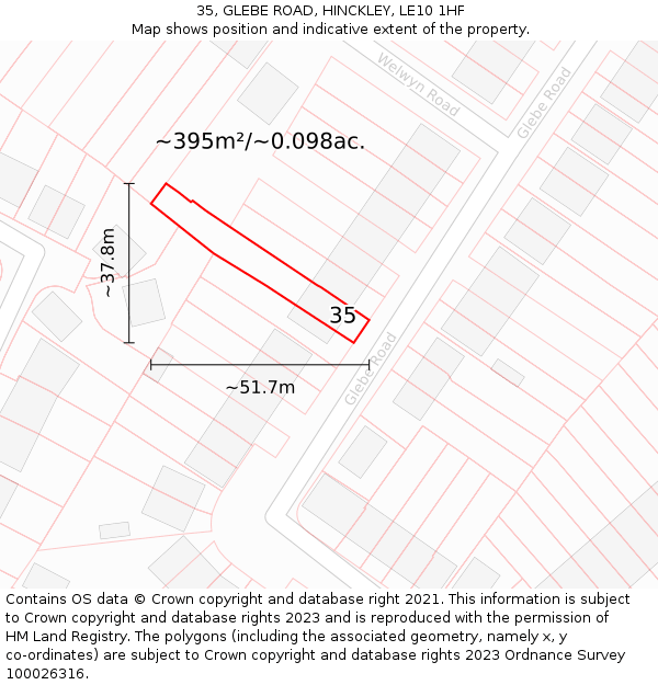 35, GLEBE ROAD, HINCKLEY, LE10 1HF: Plot and title map