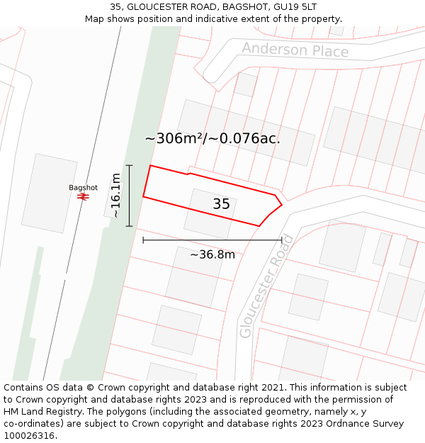 35, GLOUCESTER ROAD, BAGSHOT, GU19 5LT: Plot and title map