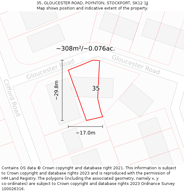 35, GLOUCESTER ROAD, POYNTON, STOCKPORT, SK12 1JJ: Plot and title map