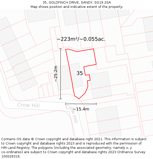 35, GOLDFINCH DRIVE, SANDY, SG19 2SA: Plot and title map