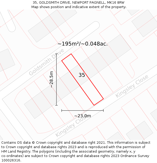 35, GOLDSMITH DRIVE, NEWPORT PAGNELL, MK16 8RW: Plot and title map