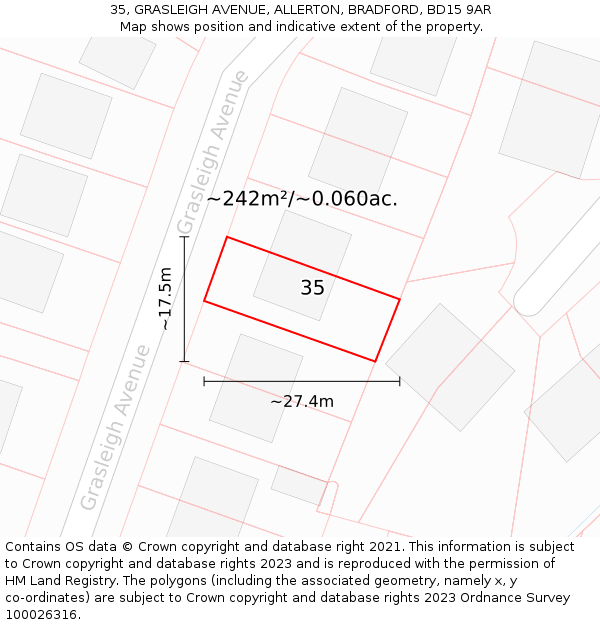 35, GRASLEIGH AVENUE, ALLERTON, BRADFORD, BD15 9AR: Plot and title map