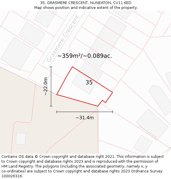35, GRASMERE CRESCENT, NUNEATON, CV11 6ED: Plot and title map