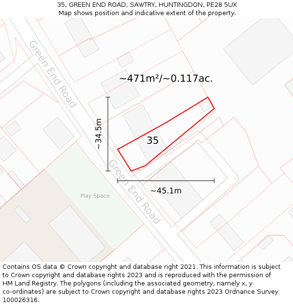 35, GREEN END ROAD, SAWTRY, HUNTINGDON, PE28 5UX: Plot and title map