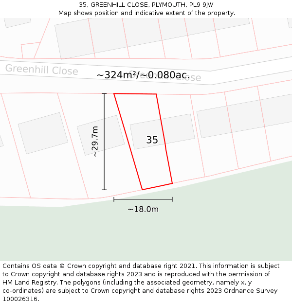 35, GREENHILL CLOSE, PLYMOUTH, PL9 9JW: Plot and title map