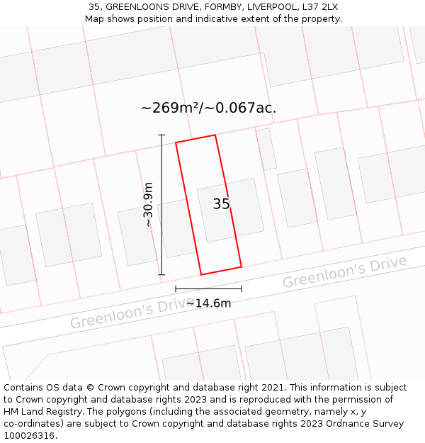 35, GREENLOONS DRIVE, FORMBY, LIVERPOOL, L37 2LX: Plot and title map