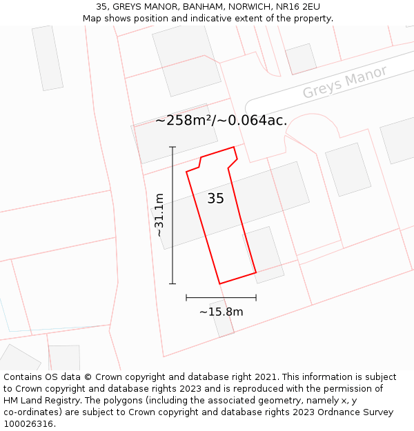 35, GREYS MANOR, BANHAM, NORWICH, NR16 2EU: Plot and title map