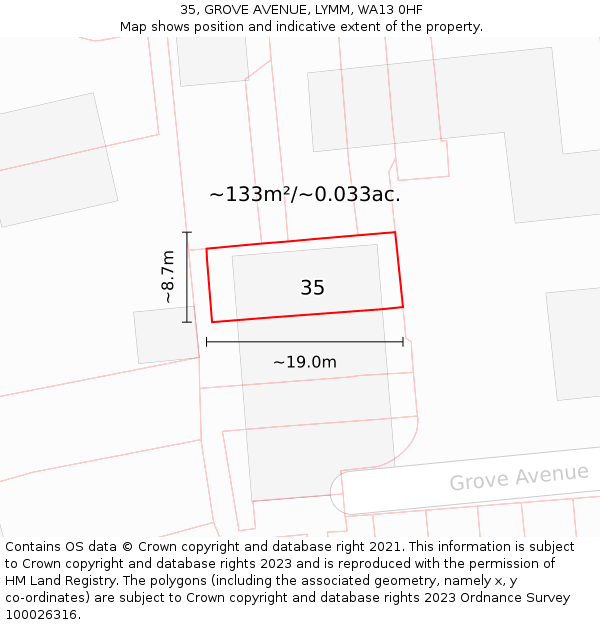 35, GROVE AVENUE, LYMM, WA13 0HF: Plot and title map