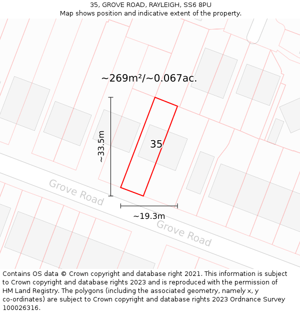 35, GROVE ROAD, RAYLEIGH, SS6 8PU: Plot and title map