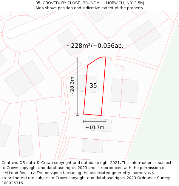 35, GROVEBURY CLOSE, BRUNDALL, NORWICH, NR13 5NJ: Plot and title map