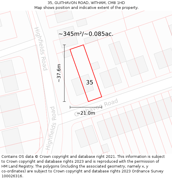 35, GUITHAVON ROAD, WITHAM, CM8 1HD: Plot and title map