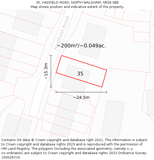 35, HADFIELD ROAD, NORTH WALSHAM, NR28 0BE: Plot and title map