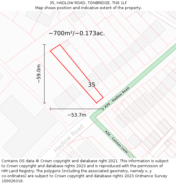 35, HADLOW ROAD, TONBRIDGE, TN9 1LF: Plot and title map