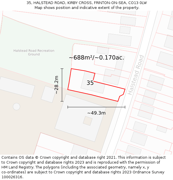 35, HALSTEAD ROAD, KIRBY CROSS, FRINTON-ON-SEA, CO13 0LW: Plot and title map