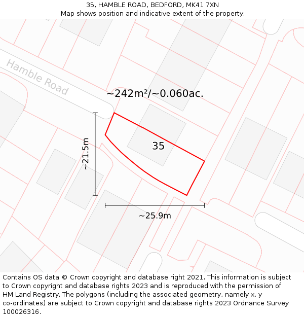 35, HAMBLE ROAD, BEDFORD, MK41 7XN: Plot and title map