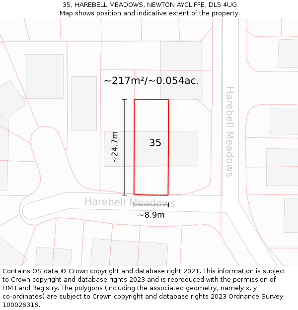 35, HAREBELL MEADOWS, NEWTON AYCLIFFE, DL5 4UG: Plot and title map