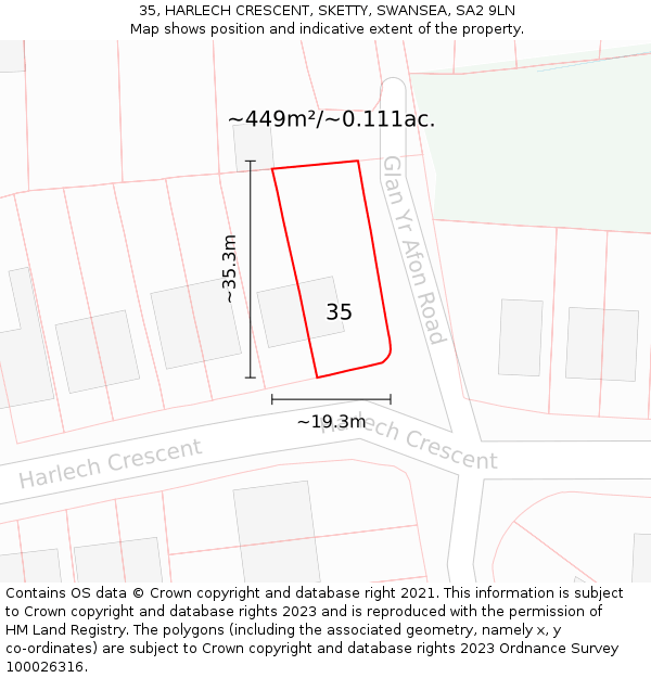 35, HARLECH CRESCENT, SKETTY, SWANSEA, SA2 9LN: Plot and title map