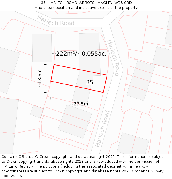 35, HARLECH ROAD, ABBOTS LANGLEY, WD5 0BD: Plot and title map