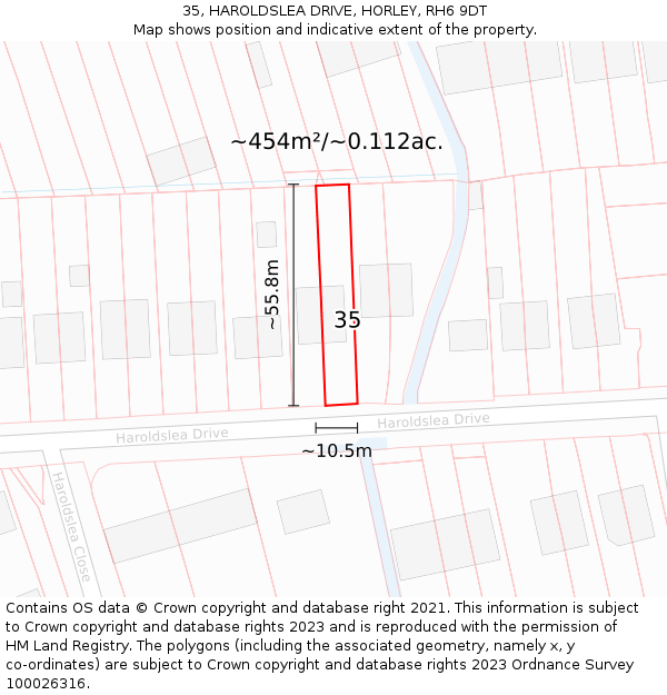 35, HAROLDSLEA DRIVE, HORLEY, RH6 9DT: Plot and title map