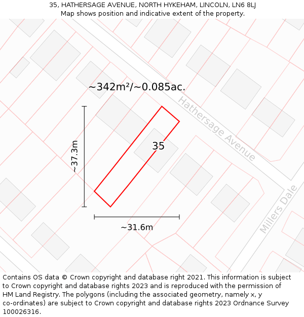 35, HATHERSAGE AVENUE, NORTH HYKEHAM, LINCOLN, LN6 8LJ: Plot and title map