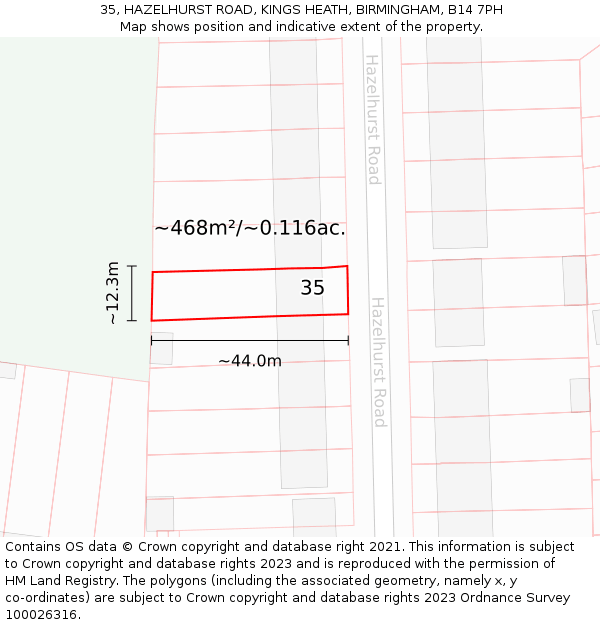 35, HAZELHURST ROAD, KINGS HEATH, BIRMINGHAM, B14 7PH: Plot and title map