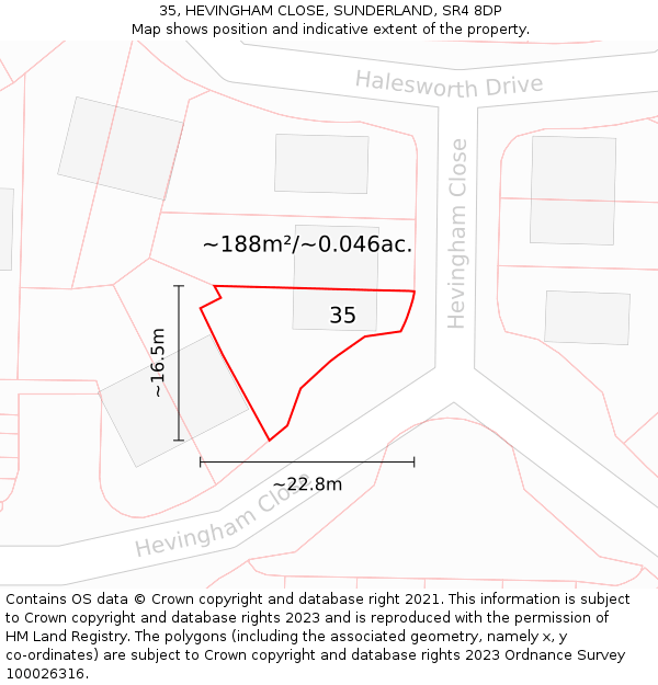 35, HEVINGHAM CLOSE, SUNDERLAND, SR4 8DP: Plot and title map