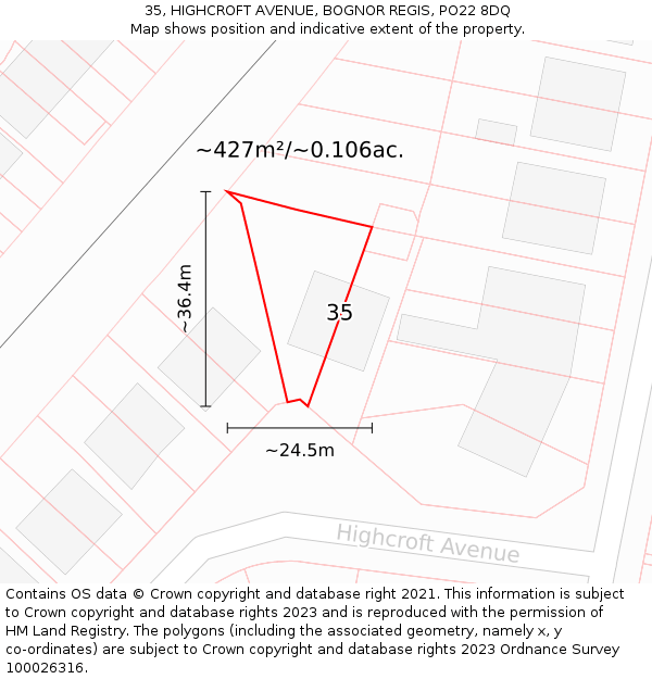 35, HIGHCROFT AVENUE, BOGNOR REGIS, PO22 8DQ: Plot and title map